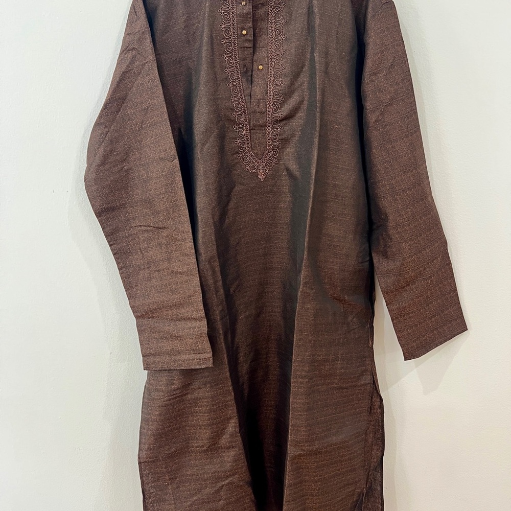 Brown Embroidered Kurta and Pajama Set. Comes with white pajama